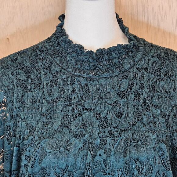 Cable & Gauge Green Mock Neck Sheer Long Sleeve Lace Floral Blouse Size M - Picture 3 of 10